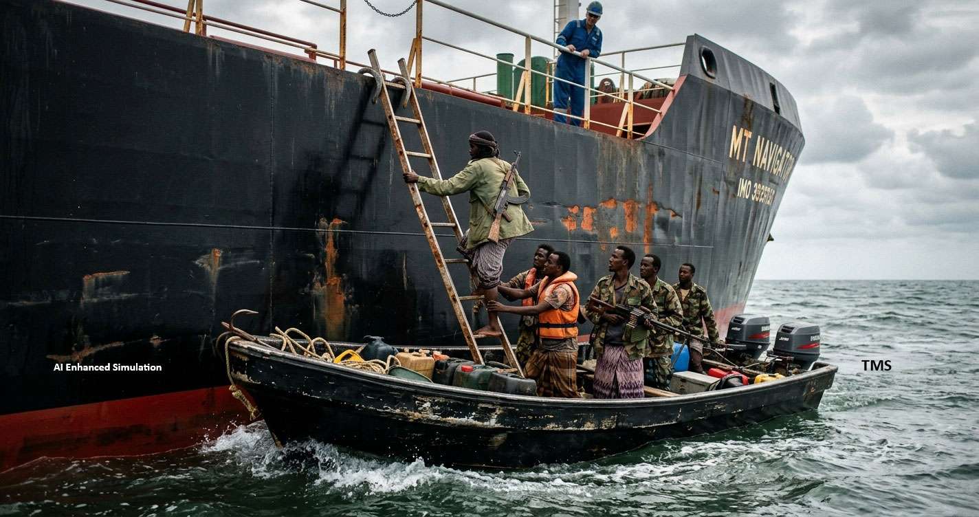 Crew in a small boat help a man climb a rope ladder toward a large dark ship in choppy water during a rescue drill or operation with onlookers on deck.