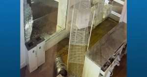 Broken storefront window with shattered glass, shelving unit toppled inside a shop, metal keg on the floor, and a marble counter in the foreground.