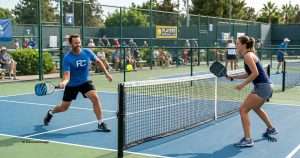 Two players compete on a blue pickleball court as a ball is returned near the net, with spectators behind the fence.