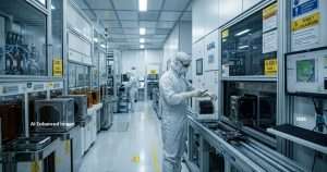 A cleanroom lab with technicians in full protective suits operating high-tech equipment along a narrow aisle in a blue-toned facility.