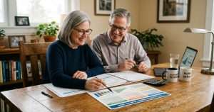 Senior couple at a wooden table reviewing retirement planning documents, smiling at charts and graphs.