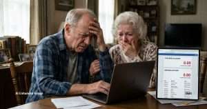 Elderly couple at a dining table looking distressed while viewing a laptop and a tablet showing their bank account