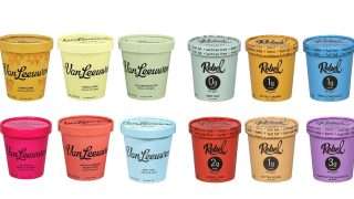 Row of Van Leeuwen ice cream pints in assorted colors, arranged in two rows with flavor labels visible.